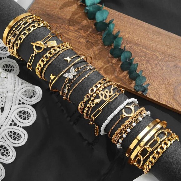 24-25 Pcs 6 Pack 14K Gold Ankle Bracelets Set for Women Boho Stackable Bangles C - Picture 3 of 7